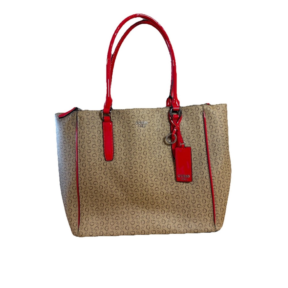 NWT GUESS Tinley Tote Handbag Purse Bag Monogram Brown Red Patent Trim Handles